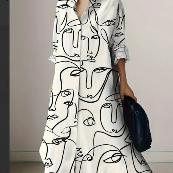 Abstract Face Print Button Up Shirt Dress,  Maxi Dress - Picture 2 of 3